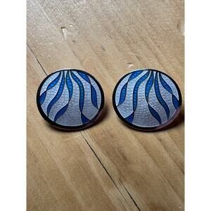 Vintage SITI earrings. Enamel Circle Stud. Sea weed? Blue/White. Signed!